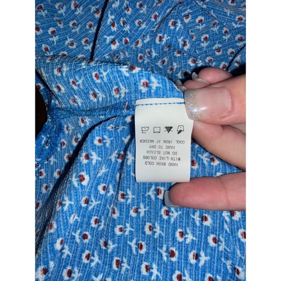 Melloday Blue Floral Smocked Neck Tie Sleeve Ruffle Blouse Top Women's Small - Picture 4 of 6